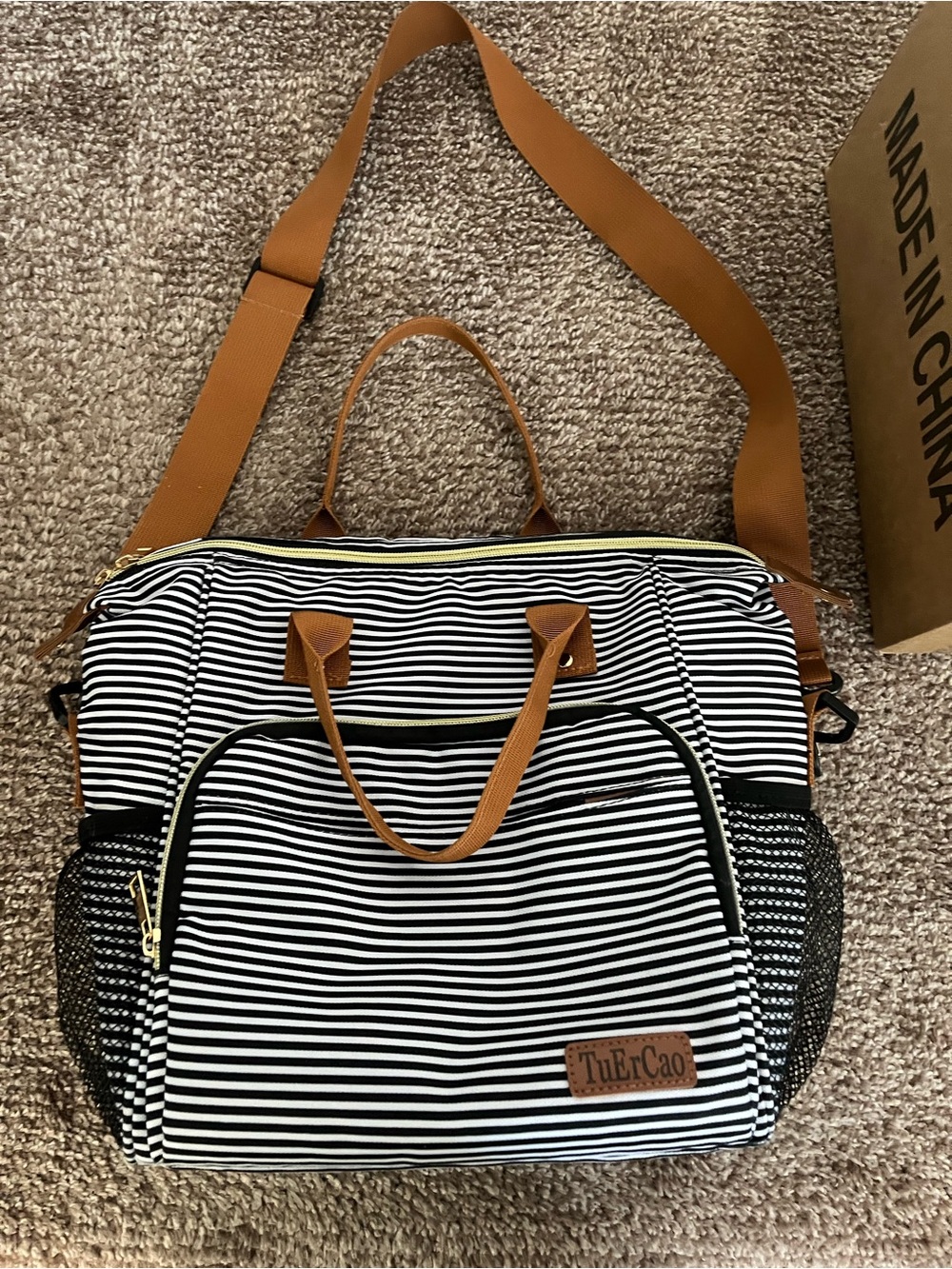 Black & White Striped Women’s Tote Bag with Tan Accents